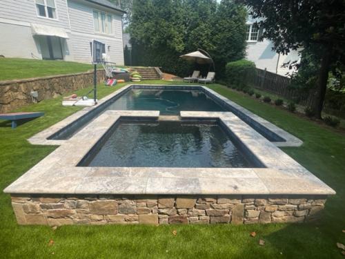 Silver Travertine Bullnose Coping, Black mini Pebble, Turf decking, Decorative Tile