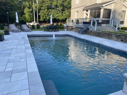 Grey Atlantic Marble Decking & CopingAqua Blue mini pebble
